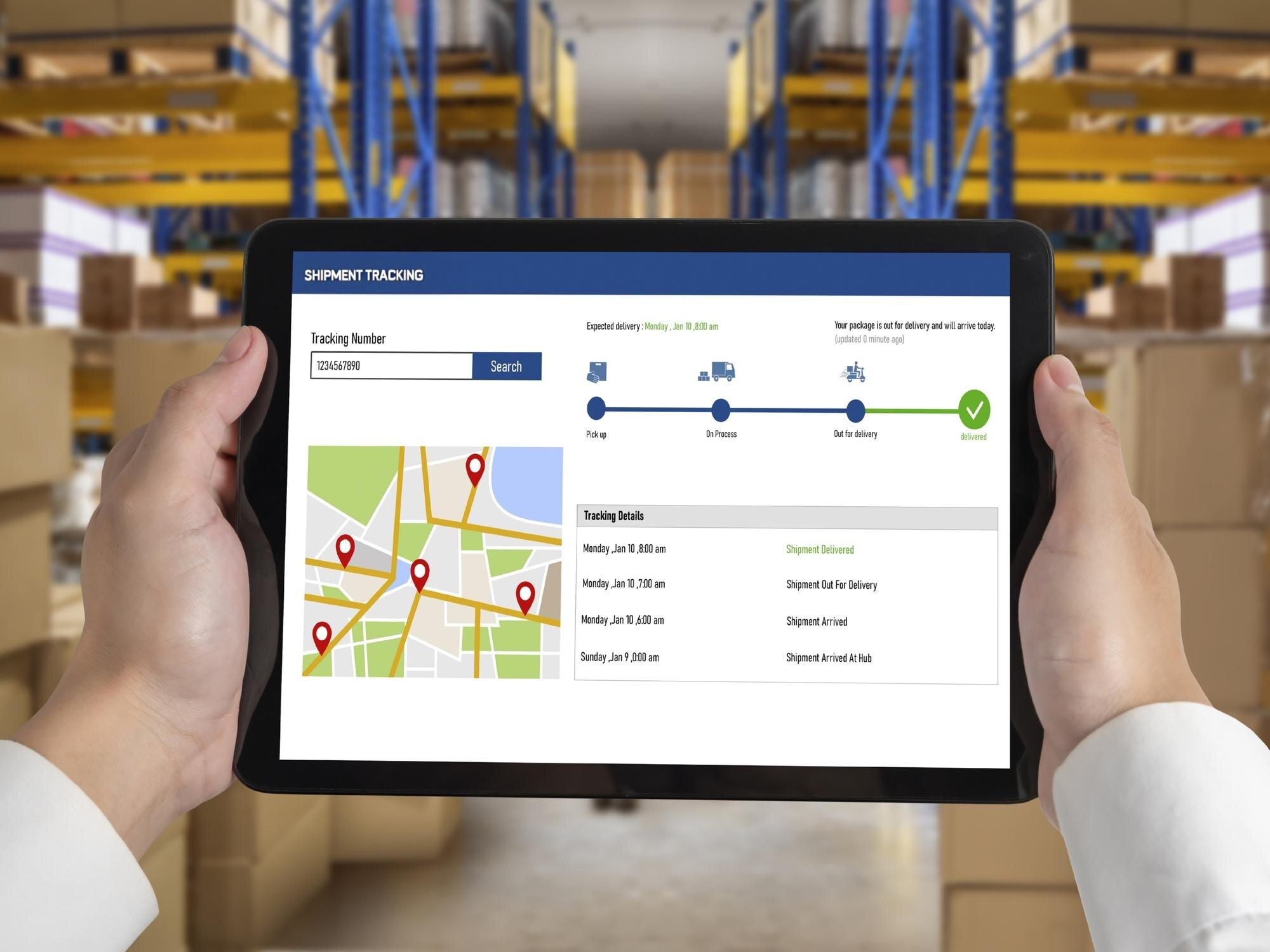 A tablet displays an order tracking interface, featuring a map with delivery points, a shipment progress timeline, and detailed tracking updates.